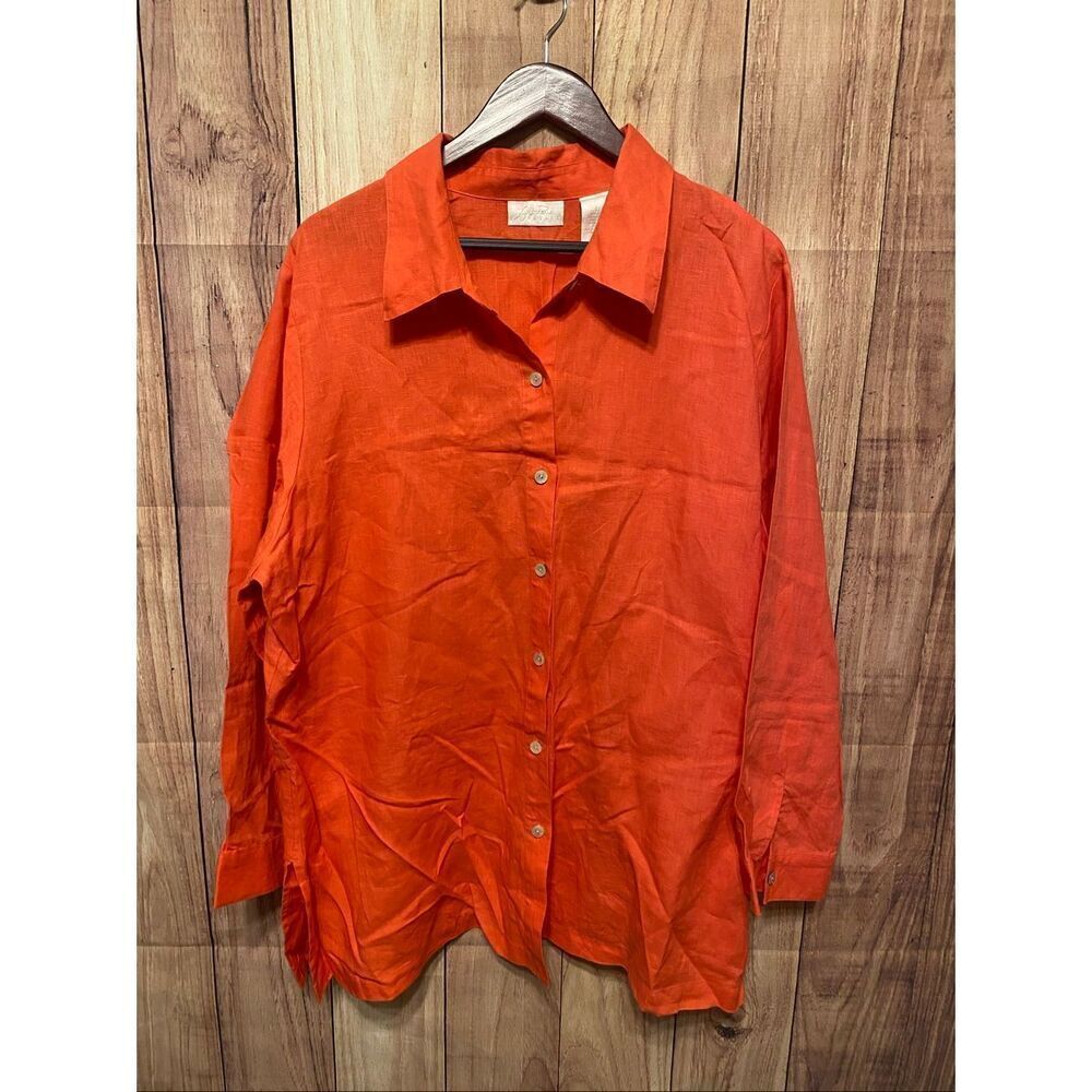 Lucy Pereda 22W 100% Linen blouse button up women’s plus size orange shirt top